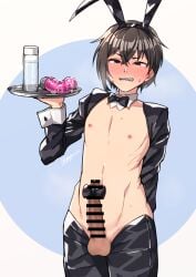 1boy bar_censor blush censored crossdressing dildo erection genderswap_(ftm) gojarun highres holding holding_tray idolmaster idolmaster_cinderella_girls lotion_bottle male_focus meme_attire nipples precum reverse_bunnysuit reverse_outfit ribbon rule_63 sex_toy solo sunazuka_akira sweat testicles tray