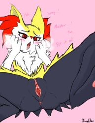 1girls 2019 anus ass blush braixen breasts canine dialogue english_text feet female female_only flat_chest fox fur furry furry_only hair half-closed_eyes heart heavy_breathing hi_res in_heat inner_ear_fluff looking_at_viewer mammal nintendo nude open_mouth orange_eyes original_character ownychan paws pink_background pokémon_(species) pokemon pokemon_(species) pussy pussy_juice sharp_teeth simple_background solo spread_legs spreading teeth text thick_thighs tongue tongue_out video_games watermark wide_hips