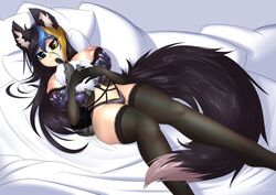 absurdres animal_ears areola bra breasts cleavage elbow_gloves fangs female gloves heterochromia highres humanoid lingerie mallie_rosenwald mammal mirapony nipples panties plushie pussy solo thick_thighs thighhighs underwear wolf_ears