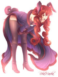 bare_shoulders boots bow bunny_costume bunny_ears bunny_girl bunny_tail bunnysuit female fire_emblem fire_emblem_awakening gloves high_heels knee_boots leggings open_mouth red_eyes red_hair ribbon rikamarika severa_(fire_emblem) solo thighhighs twintails