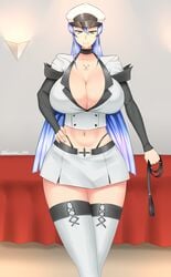 akame_ga_kill! blue_hair cleavage esdeath_(akame_ga_kill!) female femdom hat huge_breasts leggings peaked_cap queen solo solo_female tagme wide_hips