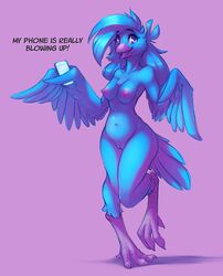 2019 anthro avian beak bird blue_eyes breasts chest_tuft dialogue female hair navel nipples nude on_one_leg phone pink_background pussy simple_background smile solo standing talons tuft tweetfur twitter watsup wings