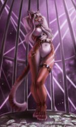 2019 4_fingers 5_fingers anthro areola aurru breasts cage chains collar felid feline female female_only green_eyes hair hands_above_head hi_res looking_at_viewer mammal money mostly_nude nipples pussy smile solo standing stripper tyskha white_hair