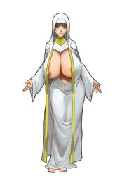 areola_slip barefoot big_breasts bimbo blue_lipstick breastless_clothes breasts busty cleavage forehead_jewel full_body full_cleavage laquadia_(legend_of_queen_opala) legend_of_queen_opala lipstick long_breasts nun nun's_habit priestess robe robes silver_hair slit_eyes snake_eyes voluptuous white_background white_clothing yellow_eyes