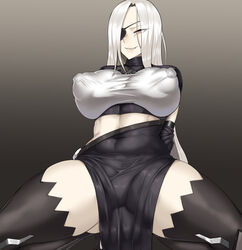 1girls abs alchemist_(girls'_frontline) areolae breasts clothed eye_patch female female_only girls'_frontline huge_breasts kneeling nipples pale_skin rad_racer sangvis_ferri solo spread_legs thick_thighs thighhighs wide_hips