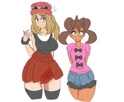 2futas big_breasts blonde_hair blue_eyes breast_size_difference breasts brown_hair bulge clothed dark-skinned_futanari dark_skin donkaqq duo futanari game_freak green_eyes long_blonde_hair long_hair looking_at_viewer nintendo pokemon pokemon_xy porkpie_hat scrunchie scrunchie_on_wrist serena_(pokemon) serena_(pokemon_games) shauna_(pokemon) skirt skirt_bulge small_breasts source_request sunglasses sunglasses_on_hat thick_thighs white_background wide_hips