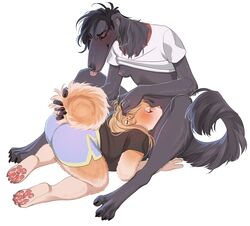 2019 4_toes 5_fingers alice_(jush) anthro black_fur black_hair blonde_hair breasts brown_eyes canid canine canis clothed clothing domestic_dog duo ear_piercing female fur hair hi_res jush kneeling mammal oral piercing ruth_(jush) simple_background toes white_background yuri