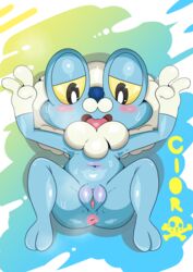 1girls 2_toes absurd_res amphibian anus ass belly big_eyes black_eyes blue_background blue_skin blush cloroxformius_(artist) feet female female_only feral flat_chest froakie frog half-closed_eyes hi_res looking_down navel nintendo no_nipples nude on_back open_mouth pokémon_(species) pokemon pokemon_xy pussy solo spread_arms spread_legs spreading sweat text thick_thighs toes tongue video_games watermark wet yellow_sclera