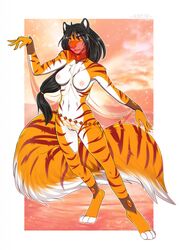 2019 4_toes 5_fingers amur anthro black_hair breasts felid female fur hair hi_res mammal navel nipples orange_fur pantherine pussy solo standing striped_fur stripes tiger toes