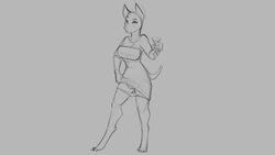 16:9 2019 anthro beverage breasts canid canine canis clothing digitigrade dobermann domestic_dog dress female grey_background looking_at_viewer mammal monochrome pinscher pussy simple_background sketch solo underwear upskirt watsup