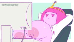 1girls adventure_time animated areolae arms_behind_head artist_name bangs big_nipples blunt_bangs breasts breasts_out cartoon_network chair comedy dingdongducc female female_only funny half-closed_eyes huge_areolae huge_breasts humor keyboard_(computer) lab_coat monitor nipples office_chair pink_eyes pink_hair pink_skin princess_bubblegum reclining solo tagme tiara typing