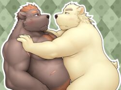 ass barguest_(tokyo_afterschool_summoners) belly blush body_hair brown_fur chest_hair fur gay green_eyes happy_trail hug leib_(tokyo_afterschool_summoners) male male_only mammal musclegut nazimi00 nude polar_bear red_eyes scar slightly_chubby tokyo_afterschool_summoners ursid ursine video_games white_fur yaoi