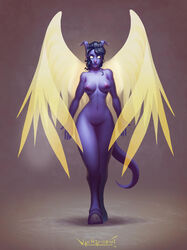 1girls areolae bangs blue_hair blue_lips blue_nipples blue_skin breasts breasts_apart collarbone curvy draenei female female_only full_body glowing_eyes glowing_wings highres hooves horns humanoid magic medium_breasts navel nipples nude paladin signature solo standing tail thick_thighs vanharmontt walking warcraft wide_hips wings world_of_warcraft