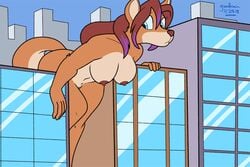 2018 anthro b._wolf barely_visible_genitalia barely_visible_pussy bent_over blue_eyes breasts brown_hair brown_nipples brown_nose canid canine canis chair city female flat_colors fur goattrain growth hair hair_highlights inside long_hair looking_aside macro mammal nipples outside purple_highlights pussy signature skyscraper solo tan_fur window wolf