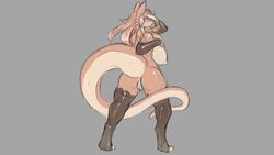 16:9 2018 4k absurd_res anthro anus ass big_breasts blue_eyes breasts clothing digitigrade dragon female ferra_(battle_franky) grey_background hair hand_on_breast hi_res huge_breasts legwear long_hair looking_at_viewer mostly_nude nipples pussy simple_background smile solo standing stockings thick_thighs watsup