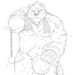 abs anthro barguest_(tokyo_afterschool_summoners) covering fur gindan hi_res looking_at_viewer male male_only mammal monochrome muscular nude pecs self simple_background solo tokyo_afterschool_summoners towel ursid video_games