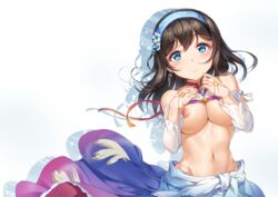 alternate_costume black_hair blue_eyes blush breastless_clothes breasts breasts_out cleavage detached_sleeves earrings female flower hair_flower hair_ornament hairband idolmaster idolmaster_cinderella_girls idolmaster_cinderella_girls_starlight_stage jewelry large_breasts long_hair looking_at_viewer miazi navel nipples sagisawa_fumika skirt white_background