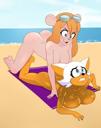2girls anthro anthrofied ass bare_back beach breasts chip_'n_dale_rescue_rangers clenched_teeth disney execution female female_only furry gadget_hackwrench goggles imminent_death killer_lotion lotion massage murder nude oil oiled peril rodjim rouge_the_bat ryona scared snuff sonic_(series) sunbathing sunscreen towel