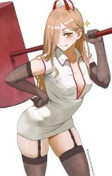1girls blonde_hair chainsaw_man cleavage dress female female_only gloves hair hammer horns light-skinned_female light_skin long_hair minidress nurse nurse_cap nurse_uniform orange_eyes power_(chainsaw_man) short_dress simple_background small_breasts solo solo_female thighhighs uniform white_hair zefra_bleu