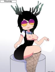 1girls antlers black_clothing black_hair breasts breasts_out exposed_breasts female female_only fishnets freckles glasses legs_crossed lkm12 looking_at_viewer medium_breasts pale-skinned_female pale_skin roblox roblox_avatar shirt_lift shirt_up short_hair sitting smile solo solo_female sunglasses t-shirt text_on_clothing text_on_shirt thighs white_background white_shirt