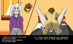 asriel_dreemurr boss_monster bovid caprine clothing deltarune dialogue fur gay girly horn human incest instant_loss_2koma kris_(deltarune) male mammal mating_press mildred_(artist) sex undertale video_games white_fur wide_hips yaoi