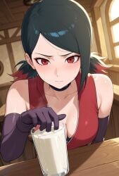 ai_generated black_hair blush bustybunz choker cleavage cum cum_in_container cum_on_fingers cumplay cumstring disgust drinking_cum eating_cum elbow_gloves gokkun huge_breasts looking_at_viewer nervous pov red_eyes sarada_uchiha semen smell sniffing steam tagme thick_cum twintails video