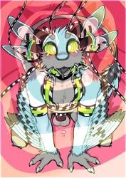 0ct0m0n0 anthro avali balls black_harness blue_body blue_fur bodily_fluids chastity_cage chastity_device drooling feathered_wings feathers femboy flat_chastity_cage front_view fur genitals green_eyes green_harness grey_balls grey_body grey_fur harness hi_res hypnosis kneeling looking_at_viewer male male_anthro mind_control nude open_mouth pupils saliva sensory_deprivation simple_background solo unusual_eyes white_harness white_pupils winged_arms wings