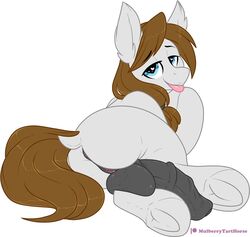 <3_eyes animal_genitalia animal_penis anus ass balls big_balls black_balls black_penis black_perineum blue_eyes breasts brown_hair dock equid equine equine_penis fan_character feral full-package_futanari fur futanari grey_fur hair hair_tie half-closed_eyes heart herm hermaphrodite horsecock intersex looking_at_viewer looking_back mammal mulberrytarthorse multi_genitalia my_little_pony penis pussy solo tongue tongue_out underhoof