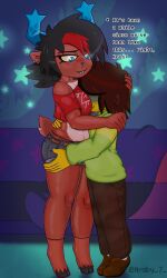 3:5 abs absurd_res araby ass belly blush blush_lines bottomwear breasts butt_grab clothing crotch_lines deltarune dess_holiday duo english_text eyelashes fan_designs female fishnet_clothing fishnet_legwear freckled_face freckles hand_on_butt hi_res horn hug human humanoid kris_(deltarune) kris_dreemurr legwear long_eyelashes male male/female mammal piercing shorts text undertale_(series) wide_hips