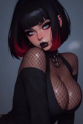 5_seconds_long ai_generated animated bangs bimbo black_hair black_lipstick blue_eyes bob_cut breasts bustybunz choker cleavage collar ear_piercing female fishnet_topwear fishnets goth goth_girl huge_breasts large_breasts lipstick looking_at_viewer no_sound piercings plump_lips pov purple_lipstick red_highlights seductive shiny_skin shorter_than_10_seconds simple_background slave_collar tagme video vikki_noir