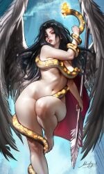 1girl 1girls absurd_res angel angel_wings black_hair blue_eyes breasts character_request completely_nude completely_nude_female covered_nipples feet female female_only full_lips hips lips lipstick long_hair looking_at_viewer mature_female moonlen-jack naked naked_female navel realistic sfw simple_background slim_waist snake solo solo_female spear standing standing_on_one_leg thighs waist white_skin