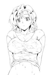 1girls arm_behind_back breasts closed_mouth collarbone eyebrows_visible_through_hair female greyscale highres monochrome navel nipples sakura_na_omiki see-through shirt short_hair simple_background solo super_real_mahjong super_real_mahjong_p4 wet wet_clothes wet_shirt white_background yuu_(super_real_mahjong)