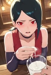 ai_generated black_hair blush bustybunz choker cleavage cum cum_in_container cum_on_fingers cumplay cumstring disgust drinking_cum eating_cum elbow_gloves gokkun huge_breasts looking_at_viewer nervous pov red_eyes sarada_uchiha semen smell sniffing steam tagme thick_cum video