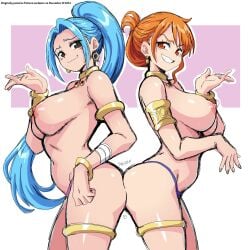 2girls :3 arm_bracelets arm_up armlet ass ass-to-ass ass_to_ass bandage bandaged_arm big_ass big_breasts black-eyed_female black_eyes blue-haired_female blue_eyebrows blue_hair blue_thong bracelet breasts brown-eyed_female brown_eyes casual_nudity choker clothing commentary earrings english_commentary english_text eyelashes female female_only fit fit_female folded_ponytail gold_armlet gold_bracelet gold_bracelets gold_earrings gold_jewelry gold_necklace golden_armlet golden_earrings grin hair_ornament hands_together heart_symbol highres holding_hand jewelry large_breasts leg_bracelet leg_bracelets lewdamone log_pose long-haired_female long_hair long_ponytail looking_at_viewer multiple_girls nami_(one_piece) necklace nefertari_vivi nervous_smile nipples nude nude_female one_piece onomatopoeia open_mouth orange-haired_female orange_eyebrows orange_hair pink_background ponytail ponytail_(hair) ponytail_female pre-timeskip purple_thong ruby_(gem) seductive seductive_eyes seductive_look seductive_smile shiny_skin smile smiling_at_viewer solo_female solo_focus standing sweat sweatdrop sweaty_body thong topless_female two-tone_background voluptuous voluptuous_female white_background yellow_choker