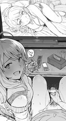 ahoge assisted_masturbation bikini cellphone controller greyscale handjob_gesture heart highres hoshii_miki idolmaster idolmaster_(classic) long_hair looking_at_viewer masturbation monochrome penis phone remote_control sketch small_penis smartphone swimsuit television tissue_box tsurui voyeur watching