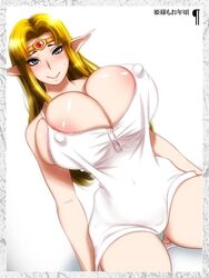 1girls 286c blush clothing huge_breasts princess_zelda simple_background the_legend_of_zelda zelda_(a_link_between_worlds)