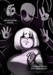1boy 1girls behind bob_cut breasts closed_eyes english_text female_frisk frisk gaster greyscale mahmapuu multiple_arms nervous nervous_sweat sweat undertale
