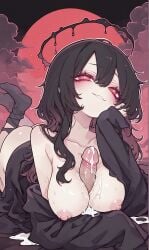 1boy 1girls after_paizuri ai ai-created ai_generated black_hair black_halo black_robe black_socks boobjob_close-up boobjob_close_up boobjob_closeup close-up close_up close_up_view closeup closeup_view cloud clouds cum cum_on_breasts cum_on_penis halo hand_on_chin large_breasts long_hair on_stomach original paizuri red_eyes red_sky shittyaistuff