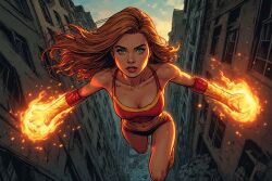 ai_generated beautiful comic fire flames muscular_female superheroine