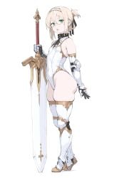 adventurer ai_assisted armored_boots armored_female armored_gloves blonde_hair bubble_butt collar czero2011 digital_media_(artwork) embroidery engraving fantasy_art folded_ponytail freckles gauntlets glasses greaves green_eyes hair_between_eyes hair_ribbon hairband holding_weapon holy_woman huge_sword leotard original_character perky_breasts petite plump_butt plump_lips plump_thighs semi-rimless_eyewear side_view sidelocks simple_background skin_tight skindentation skinny_female small_breasts solo solo_female standing sword thick_thighs vambraces warrior_woman white_armor wide_hips young_female