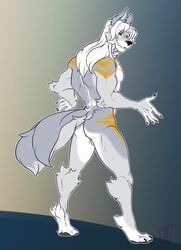 anthro ass backsack balls barely_visible_genitalia canid canine canis looking_at_viewer male male_only mammal muscular muscular_male nude smile solo standing tanks_(artist) wolf