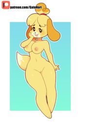 absurd_res animal_crossing anthro black_nose blonde_hair breasts canid canine canis domestic_dog female female_focus fur furry furry_only gatotorii hair hi_res isabelle_(animal_crossing) mammal naked nintendo norithecat nude patreon pussy shih_tzu simple_background solo solo_female solo_focus tail thick_thighs toy_dog video_games yellow_fur