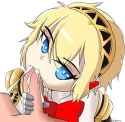 1boy aigis_(persona) big_penis blonde_hair blowjob blue_eyes cum cum_in_mouth cum_inside fellatio female human human_male light-skinned_female light-skinned_male light_skin oral penis persona persona_3 robot robot_girl unknown_male