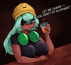 alcohol alcoholic_drink big_breasts breasts_bigger_than_head breasts_on_table breasts_rest brown_body crying crying_with_eyes_open dark-skinned_female dark_skin depressed dialogue dolly_dimpley drinking drinking_alcohol drinking_glass drunk drunk_female hat headphones headphones_around_neck holding_glass huge_breasts large_breasts mascara mascara_running mascara_smear mascara_tears shirt sindio smiling_friends tagme text