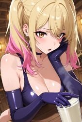ai_generated black_hair blonde_hair blush bustybunz choker cleavage cum cum_in_container cum_on_fingers cumplay cumstring disgust drinking_cum eating_cum elbow_gloves gokkun huge_breasts looking_at_viewer nervous pink_hair pov red_eyes semen smell sniffing steam tagme thick_cum twintails video