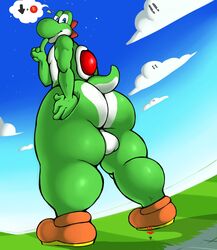 2018 anthro backsack balls clothing detailed_background footwear hi_res looking_at_viewer looking_back macro male male_only mario_(series) nintendo reptile scalie shoes sizable_danger solo standing super_smash_bros. video_games yoshi