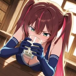 ai_generated black_hair blush brown_hair bustybunz choker cleavage cum cum_in_container cum_on_fingers cumplay cumstring disgust drinking_cum eating_cum elbow_gloves gokkun huge_breasts looking_at_viewer nervous pink_hair pov red_eyes semen smell sniffing steam tagme thick_cum twintails video