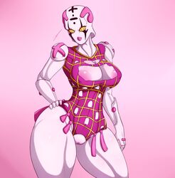 1girls areola_slip artist_signature big_breasts breasts curvy exposed_breasts exposed_pussy female hb-viper humanoid jojo's_bizarre_adventure large_breasts nipple_bulge pale_skin pink_areola pink_background pink_clothing pink_lipstick pink_skin pussy shounen_jump spice_girl stand_(jjba) thick_thighs vento_aureo voluptuous wide_hips yellow_sclera