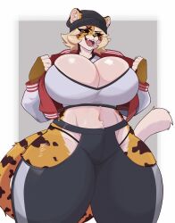 aggressive aggressive_female aggressive_smile anthro anthro_female big_breasts cheetah cheetah_ears cheetah_gal curvy_figure female female_focus female_only gym_clothes kemisk_landfill muscular_female thick thick_thighs