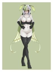 antennae_(anatomy) big_breasts big_hips blush carapace insect_girl insect_wings juniper_(egocider) juniper_actias large_breasts moth_girl multiple_arms naked pale-skinned_female shy_expression standing tummy virtual_youtuber yfg_after_dark